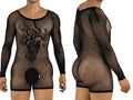 Front and back view of a black long-sleeve fishnet bodysuit with floral chest pattern and pouch detail.