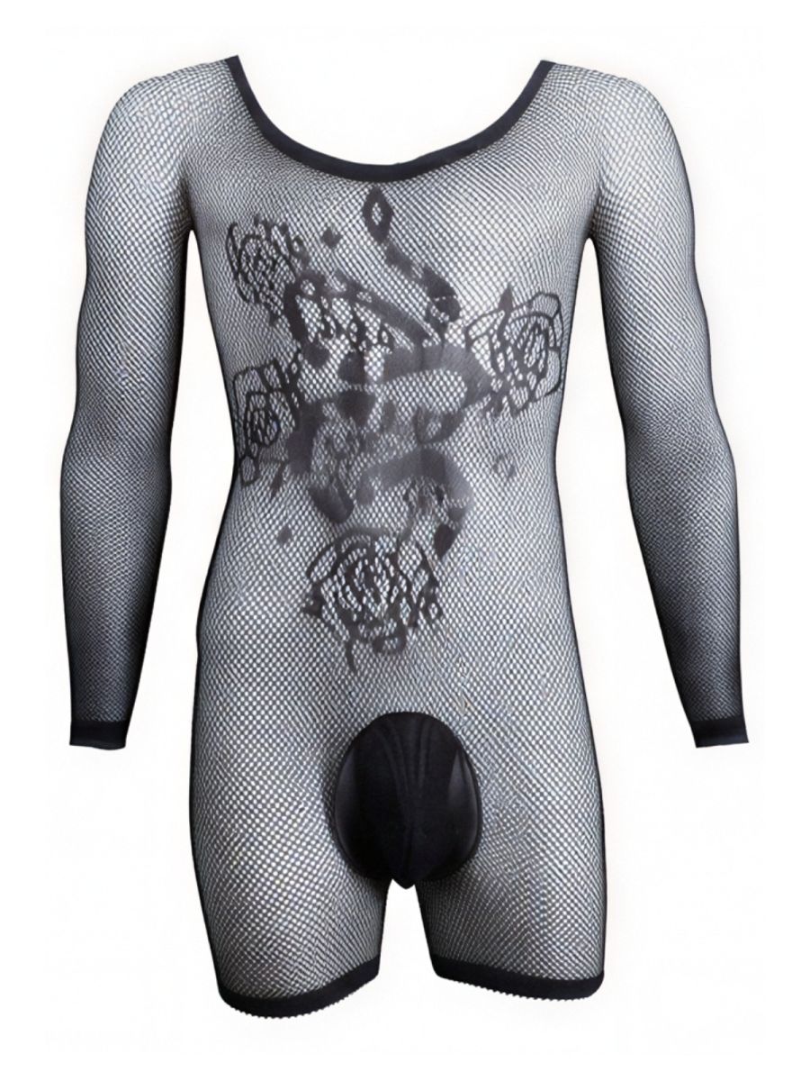 Black mesh long-sleeve bodysuit with floral snake pattern, scoop neck, and solid black pouch front.