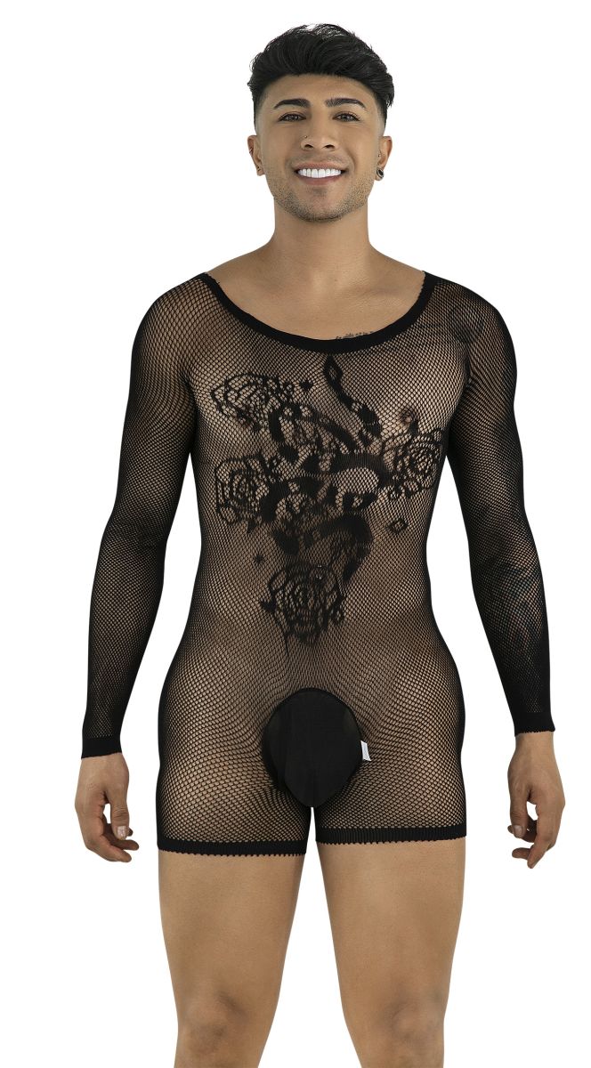 A man wears a black long-sleeve fishnet bodysuit with floral snake patterns and an opaque front pouch.