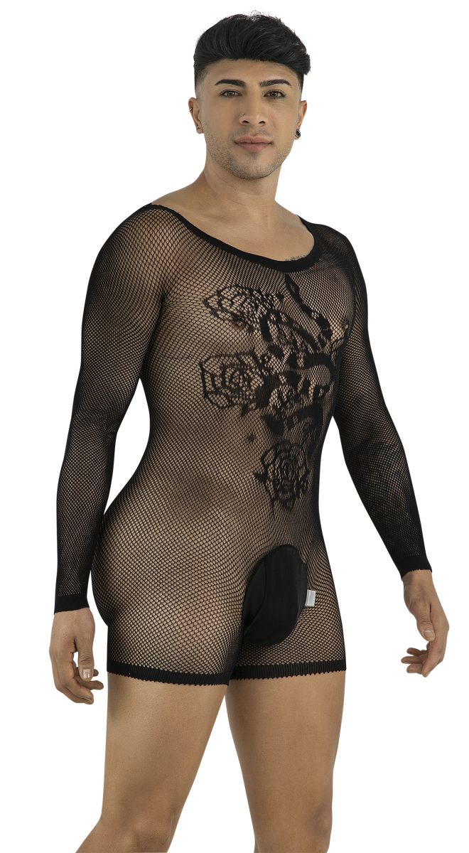 A model wears a black, long-sleeve, fishnet bodysuit featuring a floral pattern and solid pouch detail.