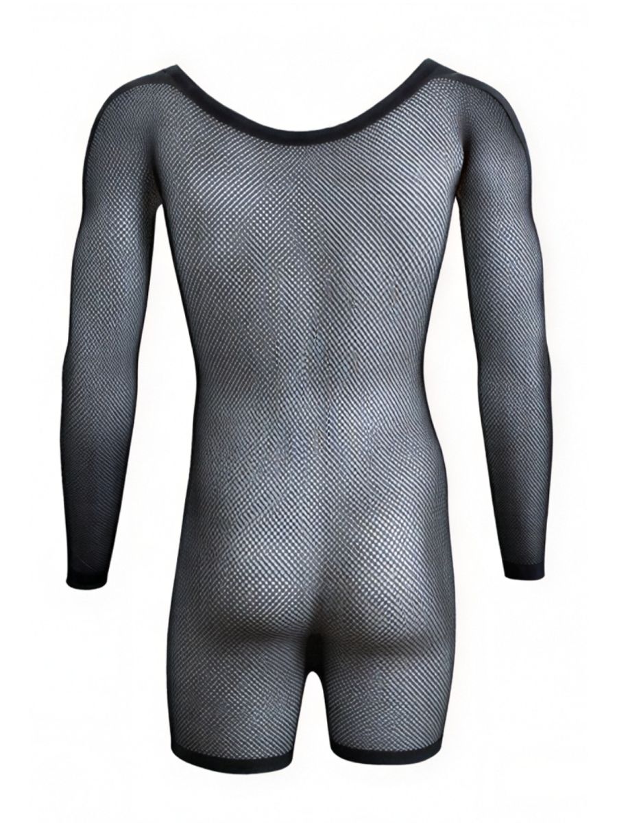 Black long-sleeve fishnet bodysuit with a round neckline, shown from behind on a ghost mannequin.