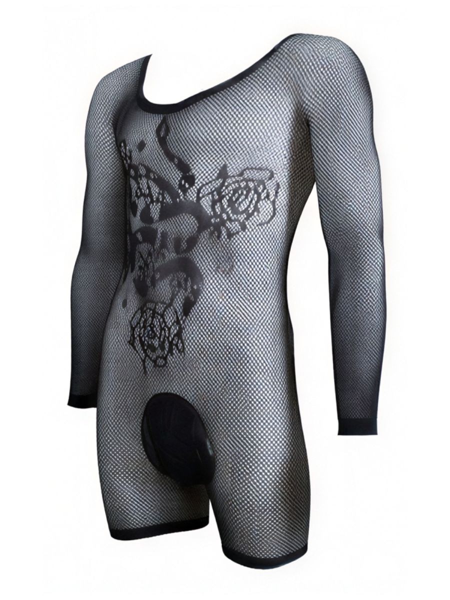 Black mesh long-sleeve bodysuit with a rose and vine design on the chest, displayed on an invisible mannequin.