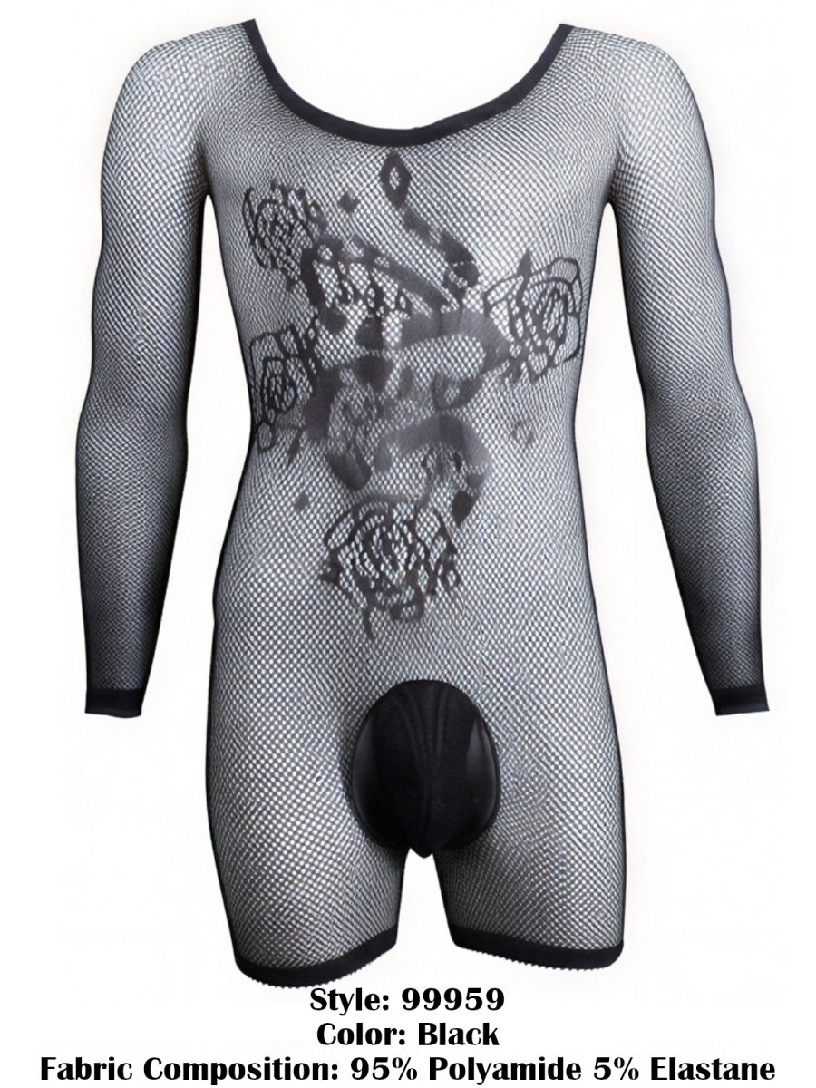 Black mesh long-sleeve bodysuit with floral patterns, scoop neckline, and solid-colored pouch.