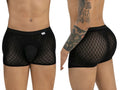 Front and side view of a model wearing black, diamond-pattern mesh CandyMan boxer briefs with an opaque front pouch.