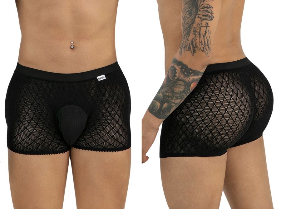 Front and side view of a model wearing black, diamond-pattern mesh CandyMan boxer briefs with an opaque front pouch.
