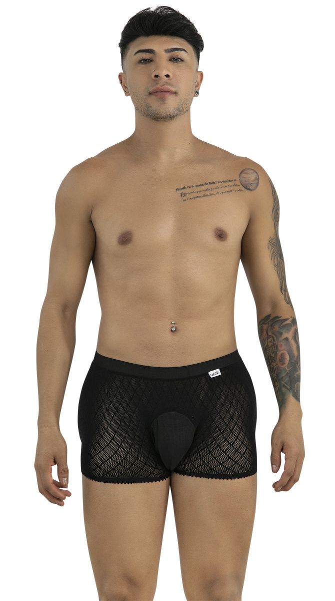 Model wearing black CandyMan mesh boxer briefs with a solid pouch, standing against a white background.