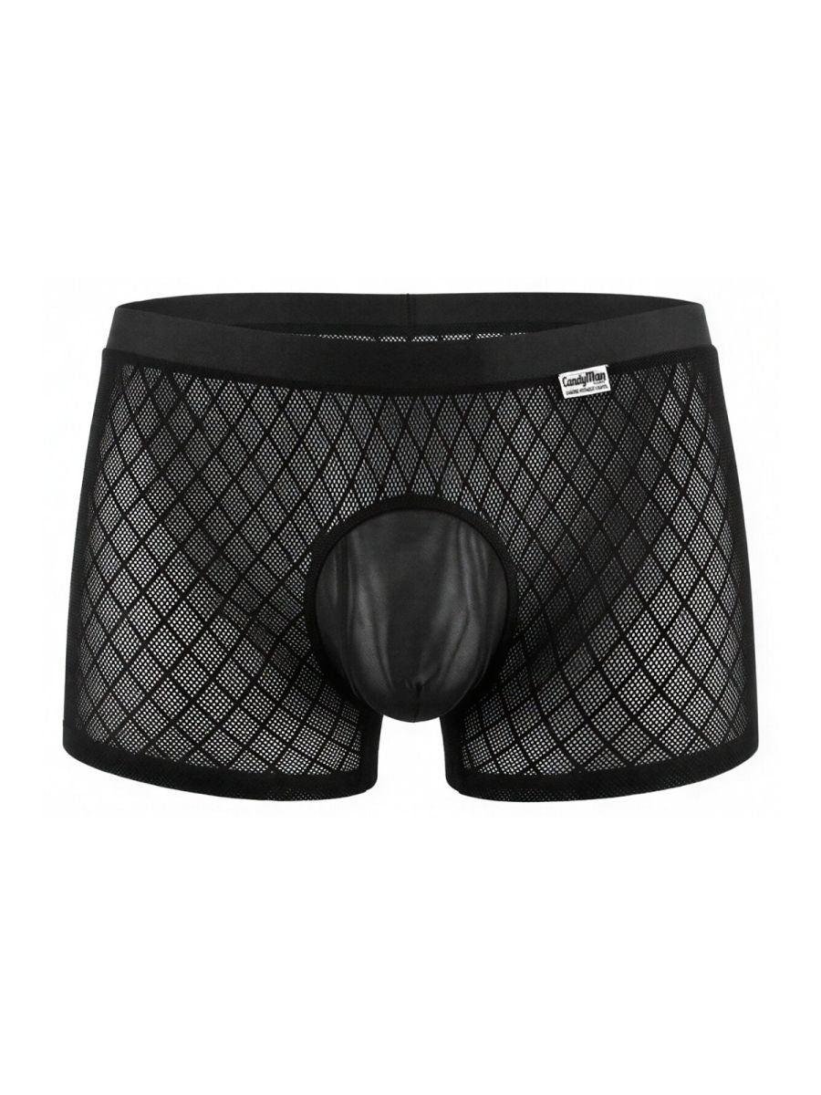 Black CandyMan boxer briefs in a diamond-pattern mesh fabric with a solid opaque pouch and waistband.