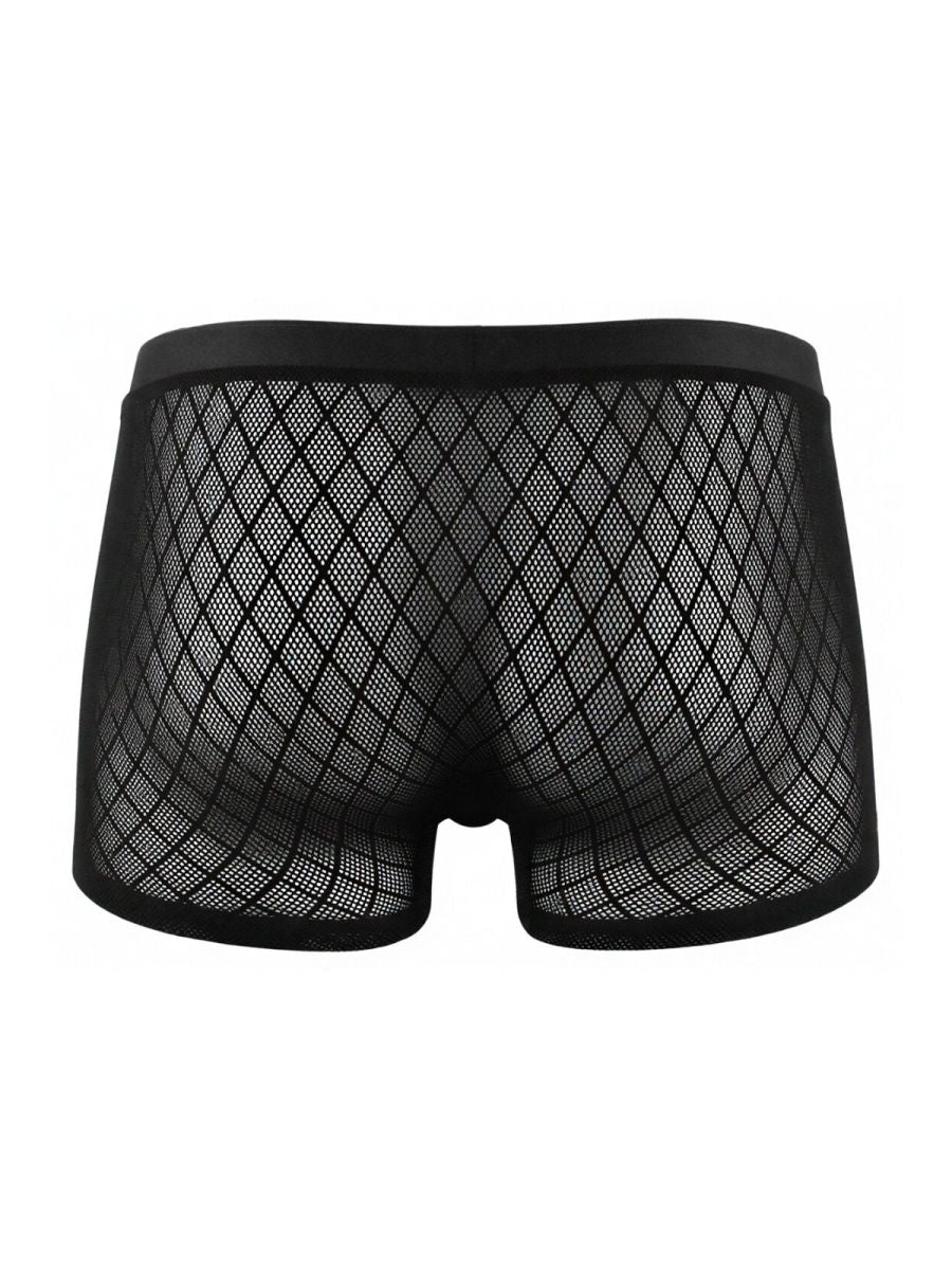 Black CandyMan boxer briefs made of sheer, diamond-patterned mesh with a solid elastic waistband.