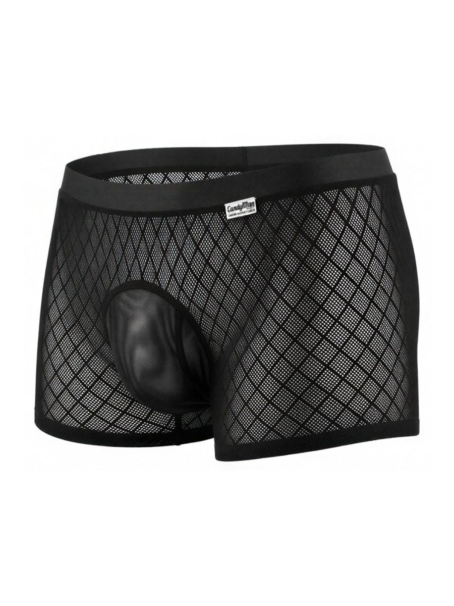 Black CandyMan boxer briefs in a diamond-pattern mesh fabric with a solid contoured front pouch.
