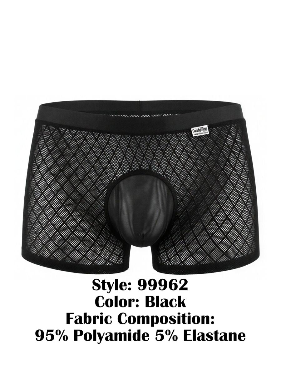 Black CandyMan boxer briefs in a diamond-pattern mesh fabric with a solid opaque pouch and branded waistband.