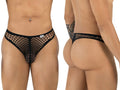Front and back views of a person wearing black CandyMan mesh thongs, showing the fishnet fabric and minimal coverage.
