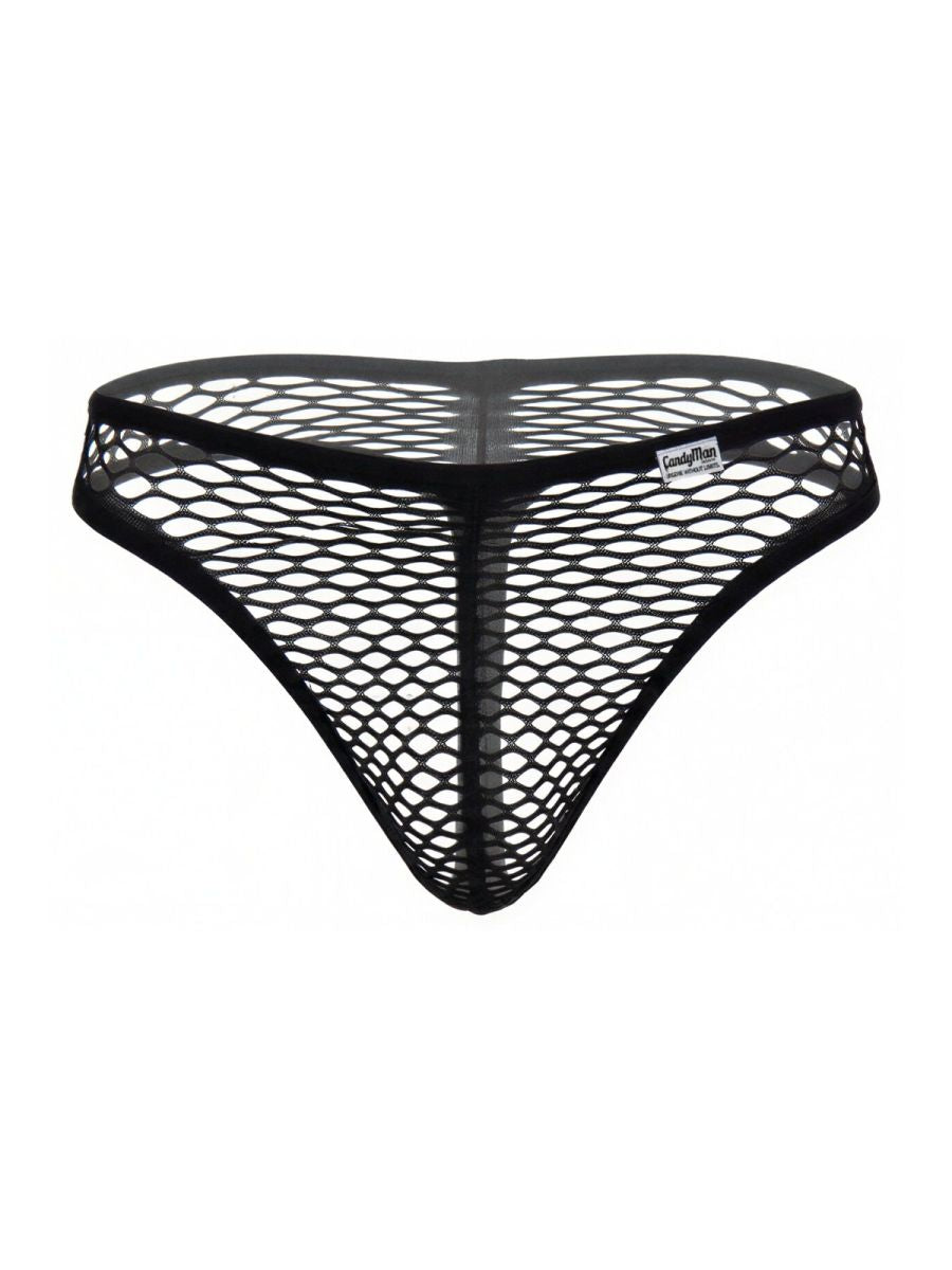Black CandyMan 99963 thong in a sheer, large-hole fishnet mesh fabric with a solid elastic waistband.