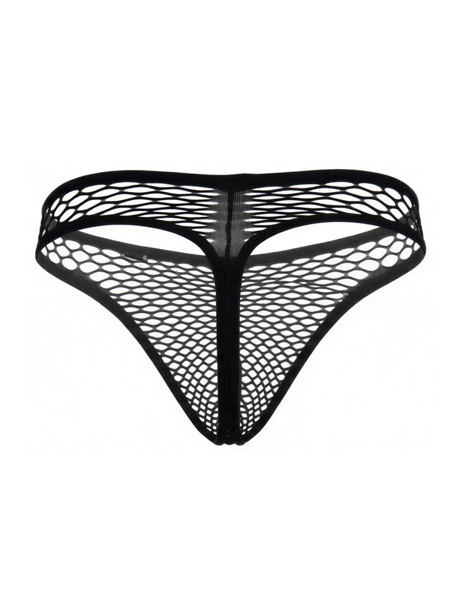 Black CandyMan thong in a sheer, stretchy fishnet mesh fabric, displayed against a white background.