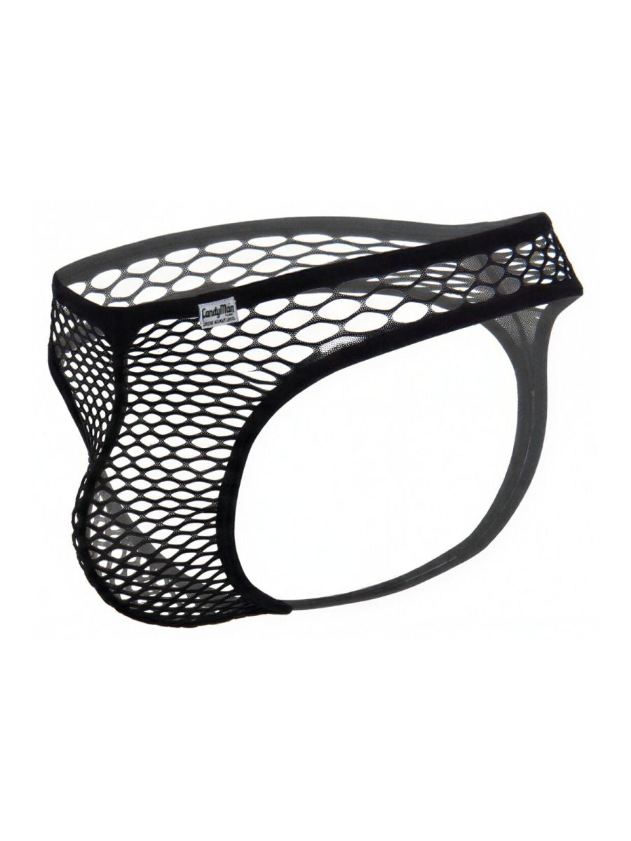 Black CandyMan thong in a sheer, large-hole fishnet mesh fabric, displayed against a plain white background.