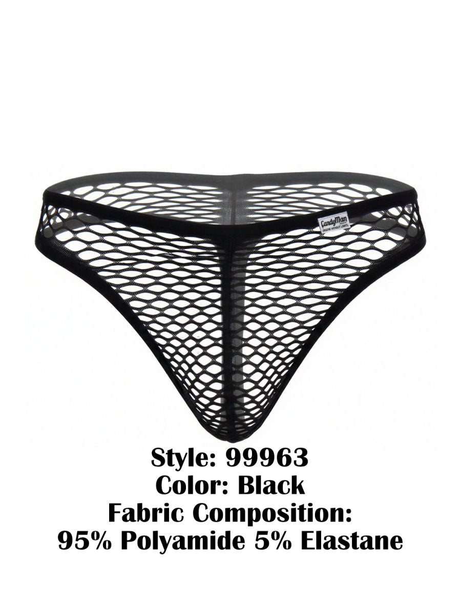Black CandyMan 99963 thong made of sheer, open-weave fishnet fabric with a solid black elastic waistband.