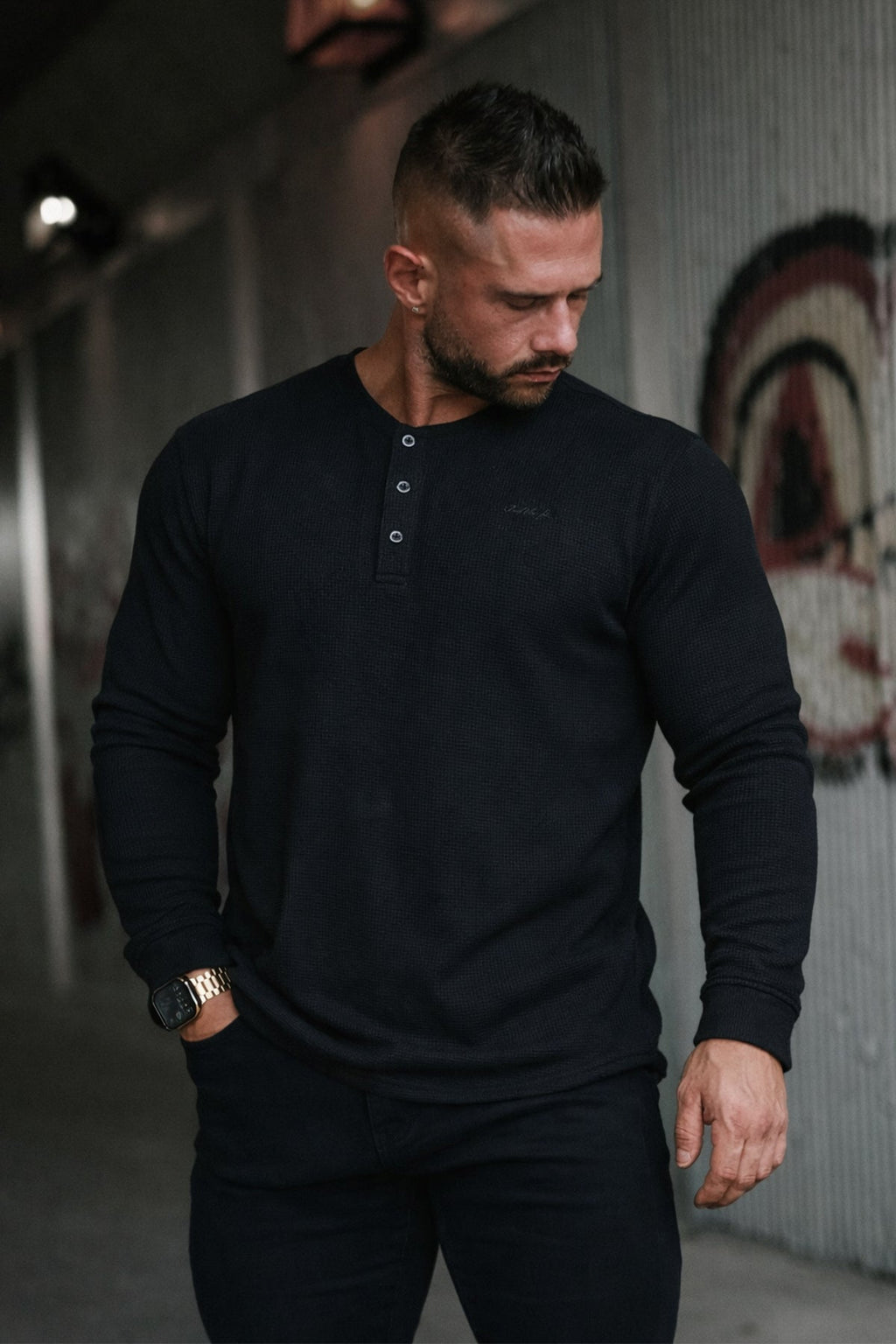 Jed North Men's Waffle Knit Henley Long Sleeve T-Shirt - Black