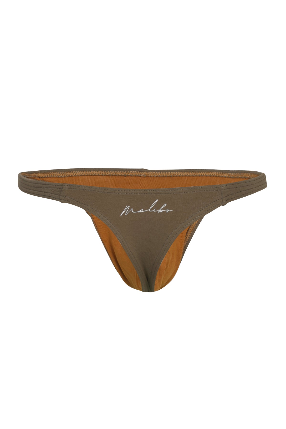 Cheeky classic g-string thong in army green with minimalist olive green fabric and tan interior featuring malibu logo