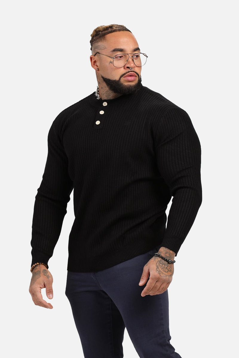 Classic henley sweater black black ribbed knit long sleeve shirt with white button closure for casual wear