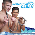 Cleanstream shower enema system with shiny chrome flexible hose featuring sleek coiled design and two metallic nozzles