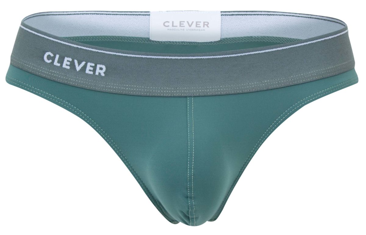 Teal seamless briefs with gray waistband featuring clever logo in white from clever 2044 mendoza thongs green collection