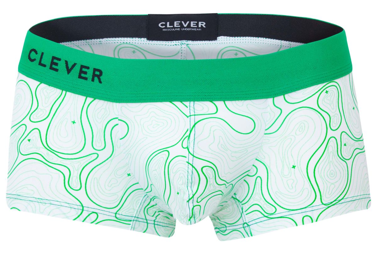 White boxer briefs with green topographic map pattern and bright green waistband from clever 2056 maze trunks color green