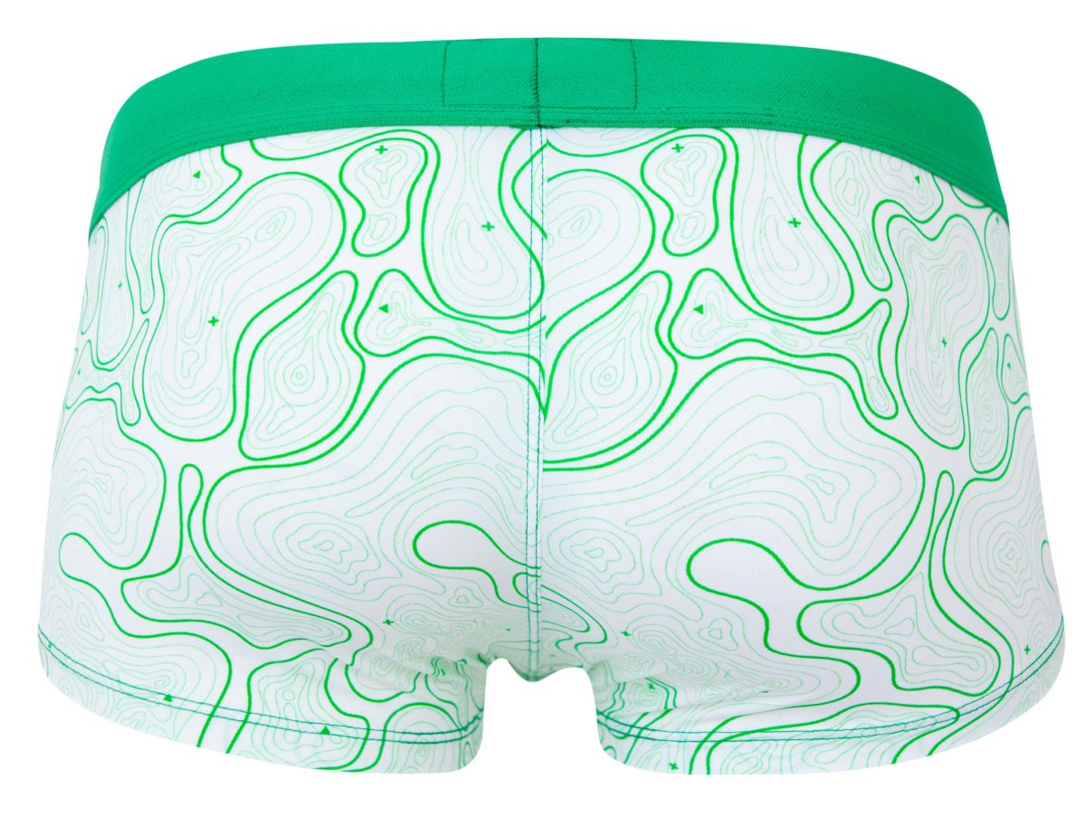 White briefs clever 2056 maze trunks in green with a topographic map pattern and solid green waistband