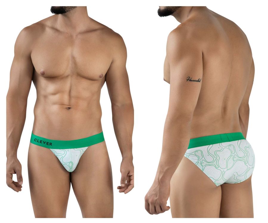 Green and white patterned men’s briefs with bold green clever waistband from clever 2057 maze bikini color green