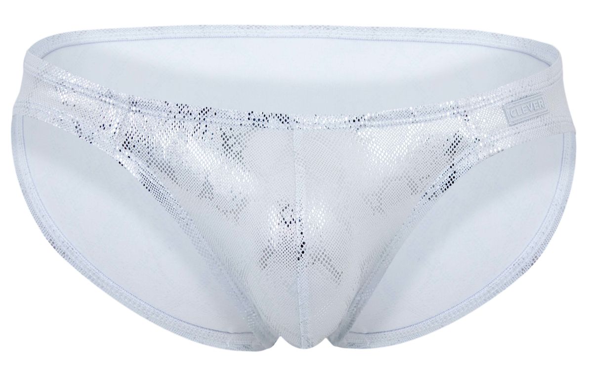 Silver sequined swim trunks clever 2062 diamond briefs with mesh pattern and white trim