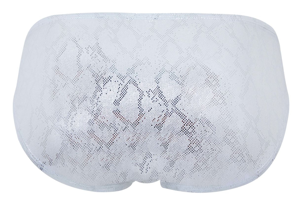 White lace clever 2062 diamond briefs in silver with a subtle snake print pattern shown from the back side
