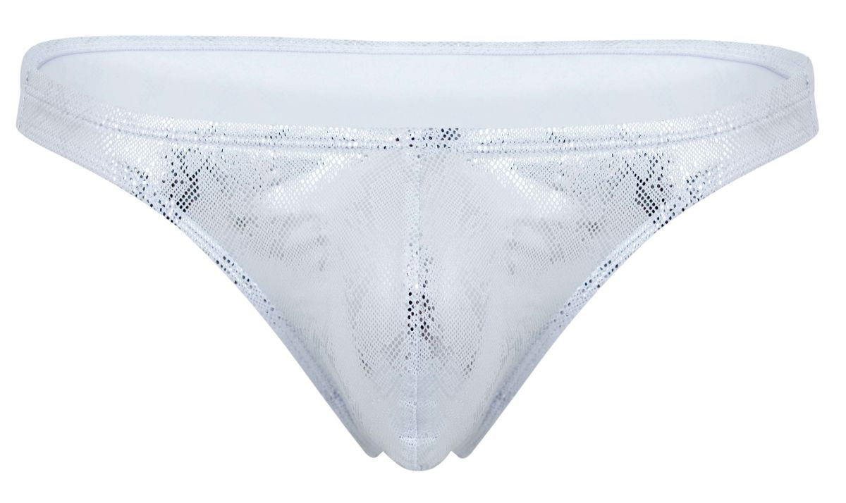 White sequined thong in silver with sheer mesh texture and subtle glittery detailing from clever 2063 diamond thongs
