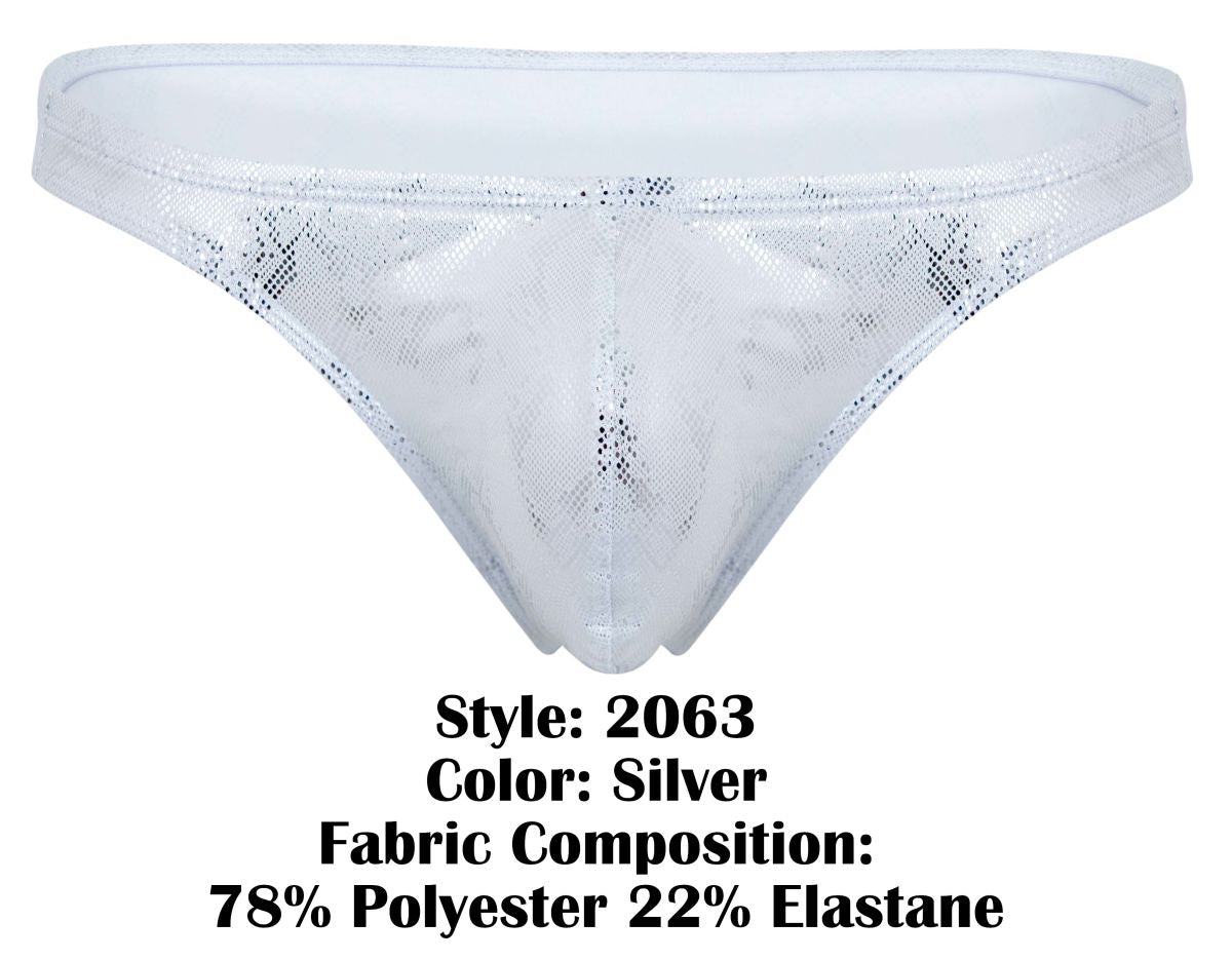 Silver clever 2063 diamond thong with lace trim and shimmering mesh texture featuring a subtle pattern