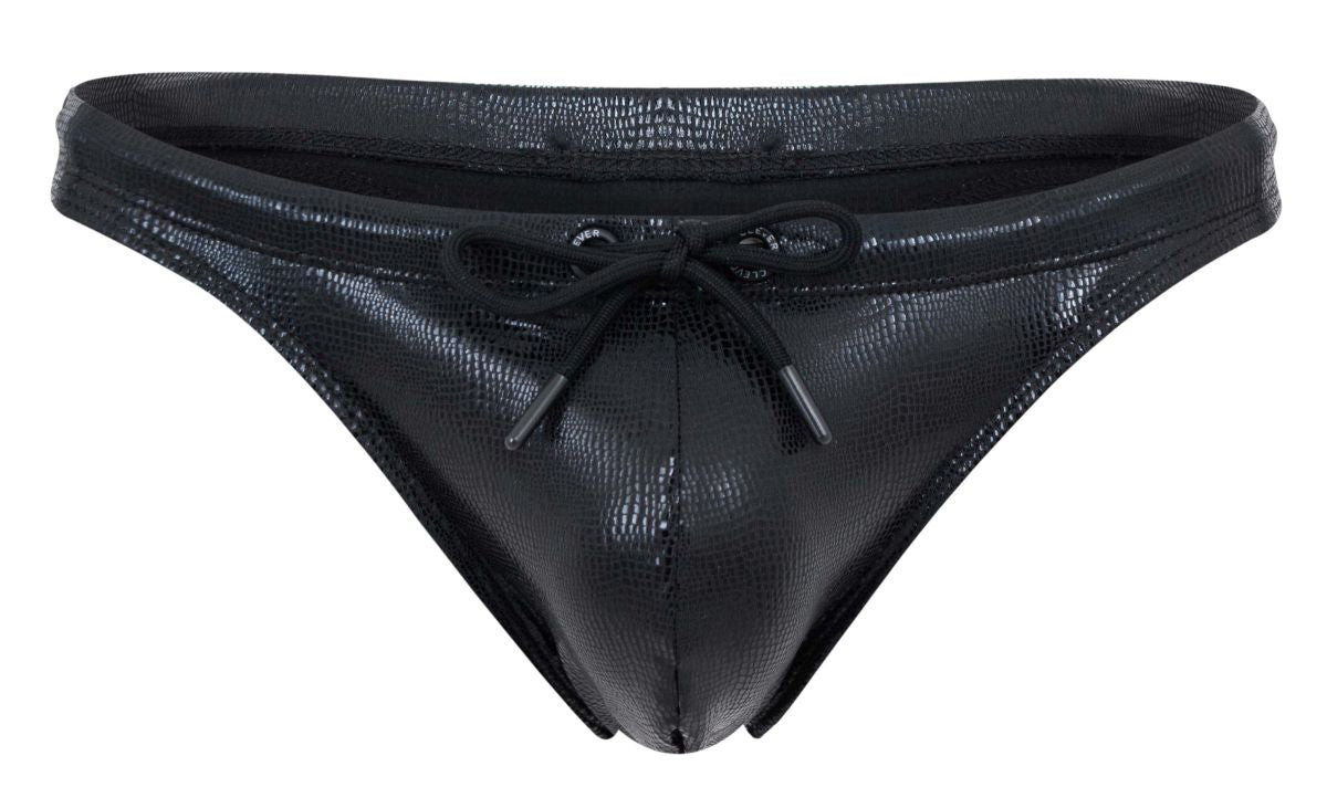 Black faux leather thong with textured crocodile pattern and matching drawstring tie from clever 2071 gorgona swim thongs