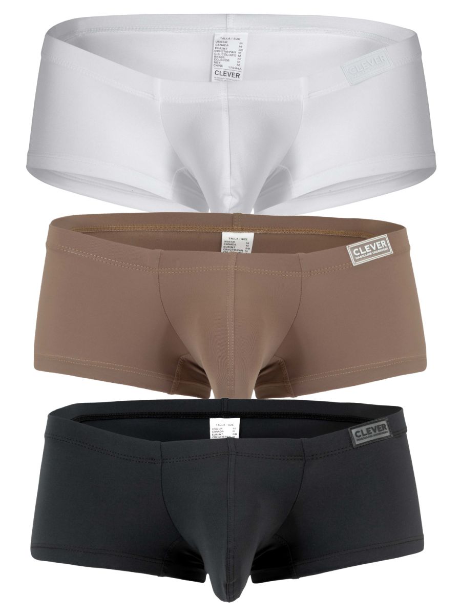 Three pairs of clever brand men’s briefs in white beige and black multi-colored australian latin trunks