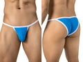 Front and back view of a person wearing turquoise low-rise briefs with white trim.