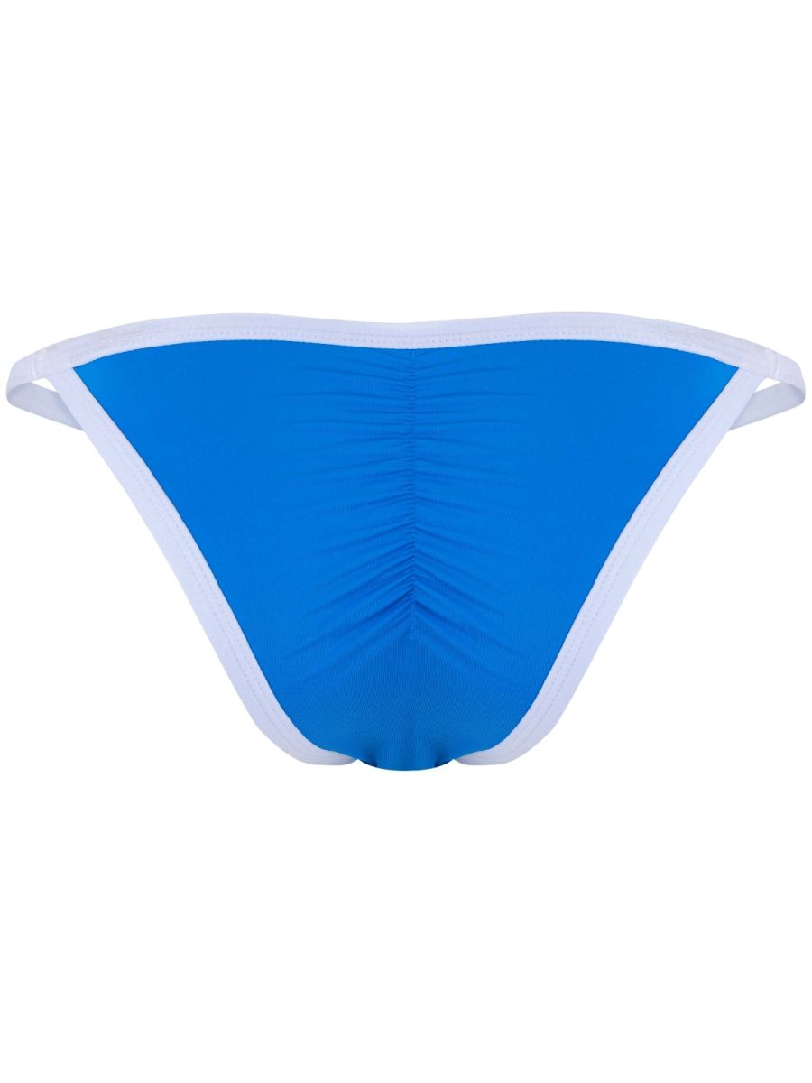 Back view of turquoise briefs with white trim and a center-back gathering seam.