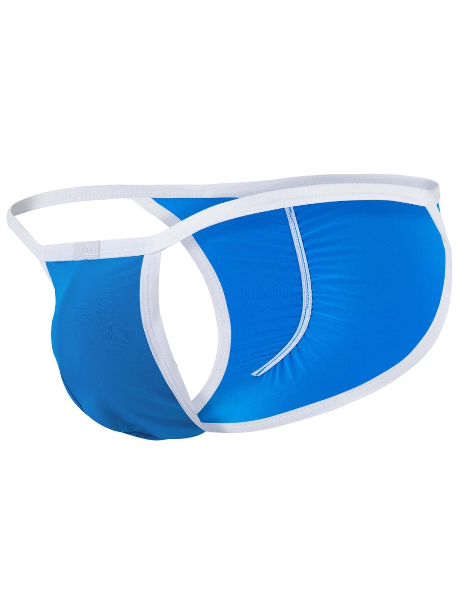 Turquoise low-rise brief with white trim and cutout sides displayed against a plain background.