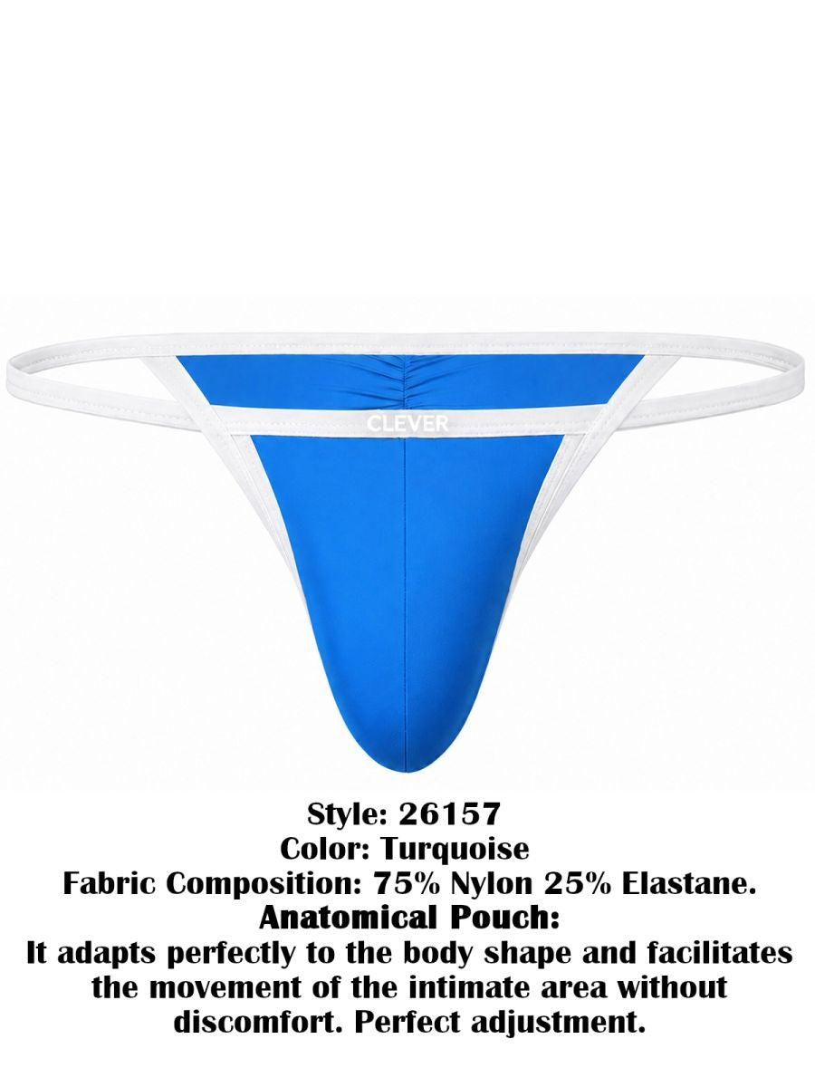 Turquoise and white thong with thin straps and a front logo waistband.