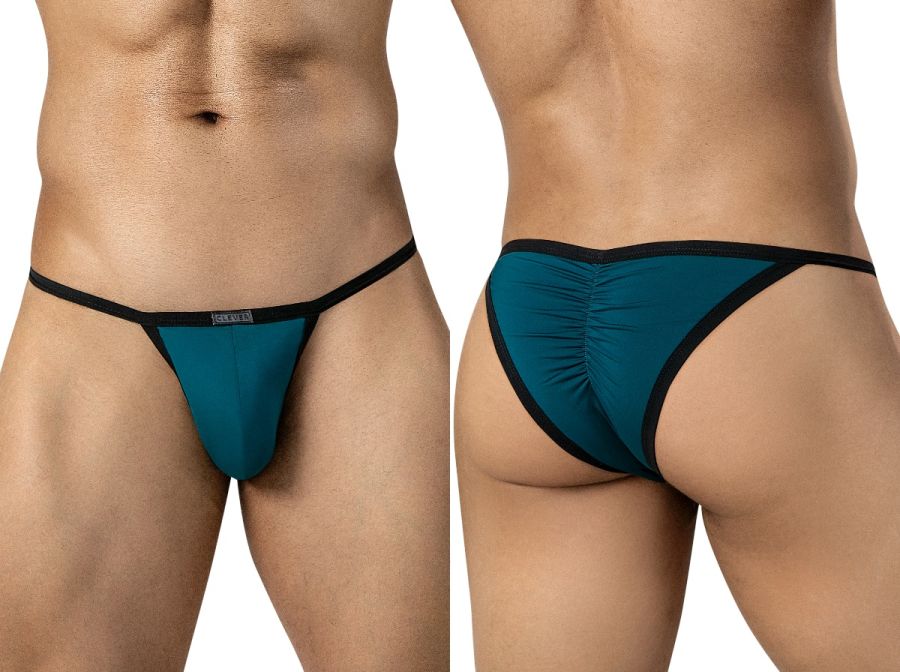 Front and back views of a person wearing petrol blue briefs with black trim and a center back seam.