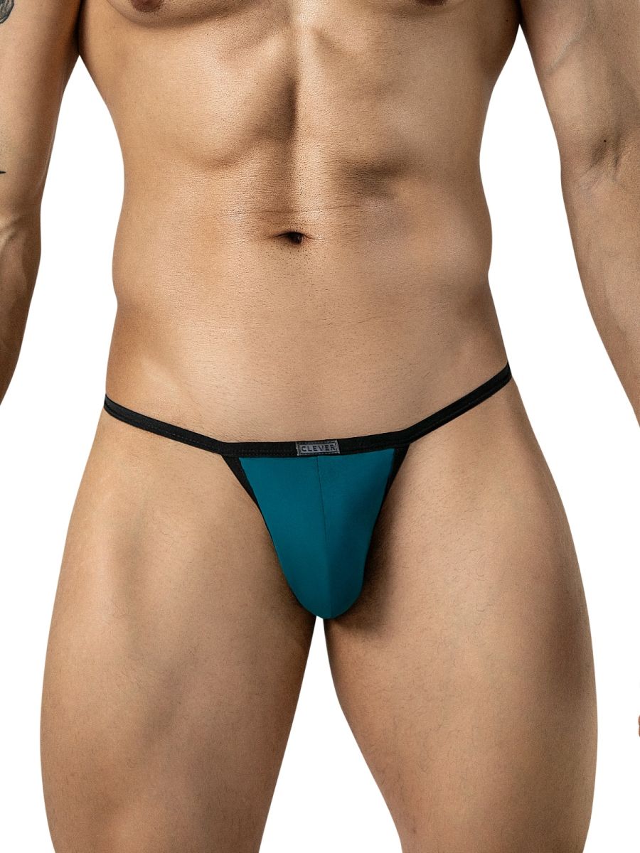 Front view of Clever Moda petrol blue briefs with thin black waistband and a small logo tag.