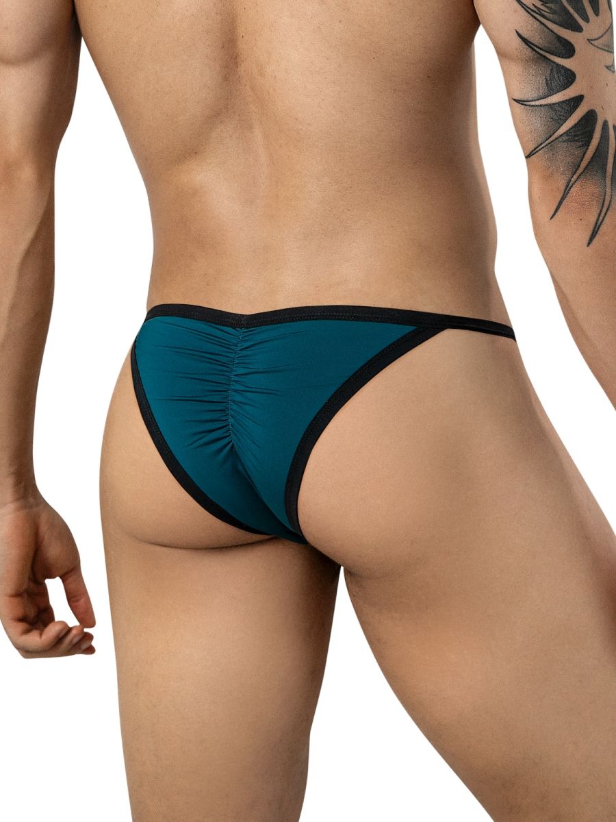 Rear view of a person wearing petrol blue briefs with black trim and vertical gathering.