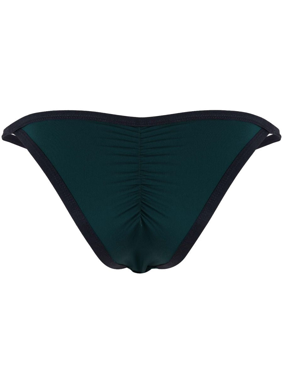 Rear view of Clever Moda petrol blue briefs with contrasting dark trim and center gathering.