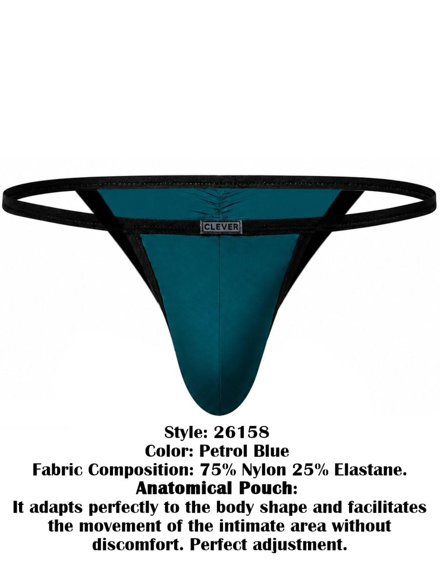 Petrol blue thong-style briefs with black trim and a branded waistband centered in front.
