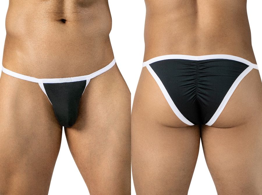 Front and back views of a person wearing black briefs with contrasting white trim.