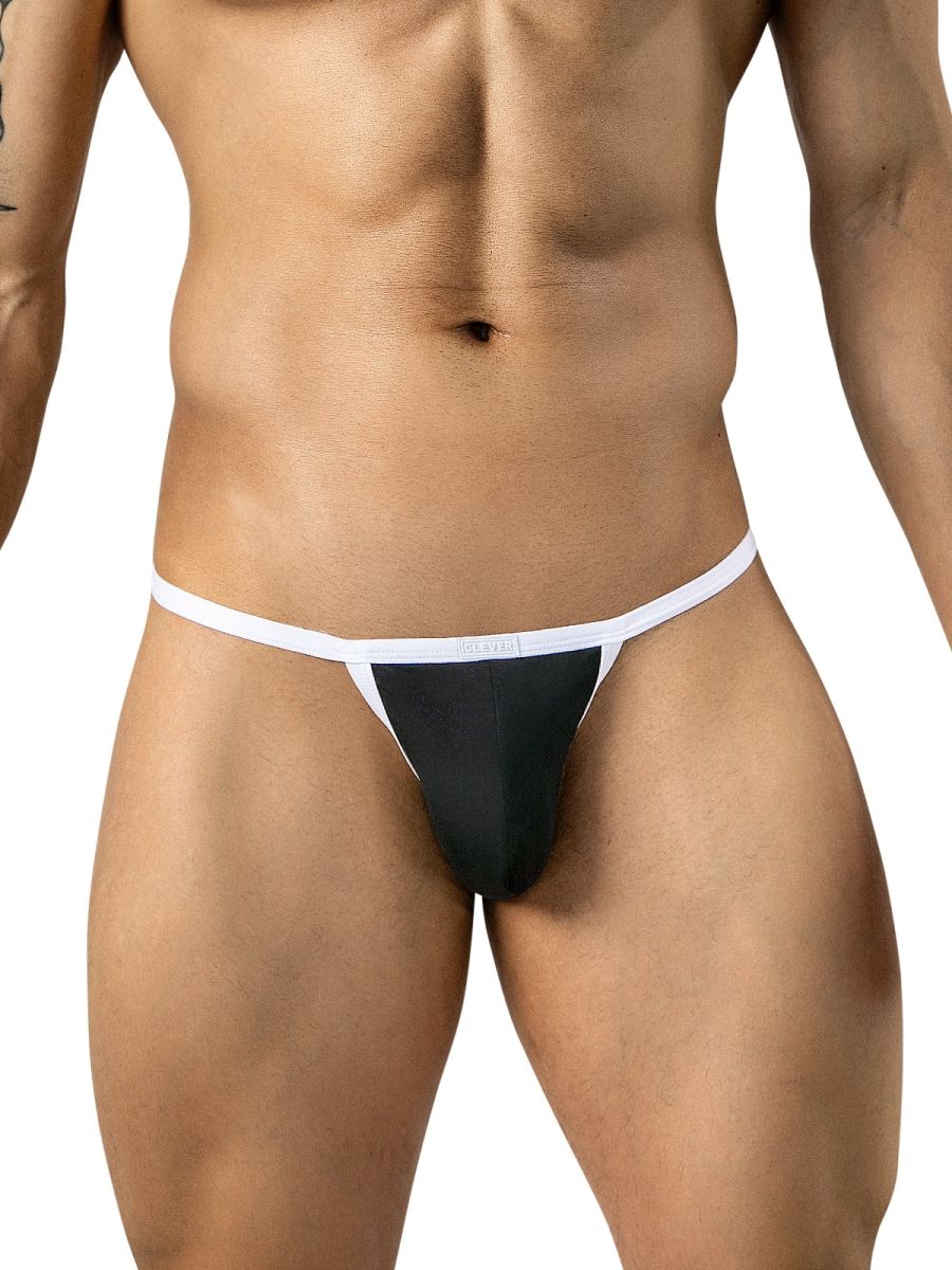 A person wearing black low-rise briefs with a thin white waistband and matching trim.