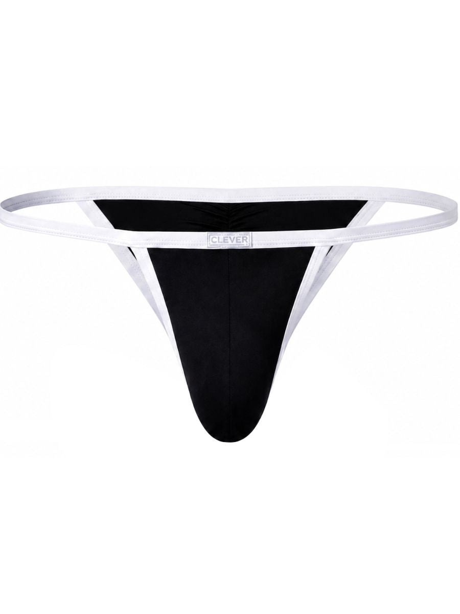 Black string briefs featuring a white waistband with the Clever logo and dual side straps.