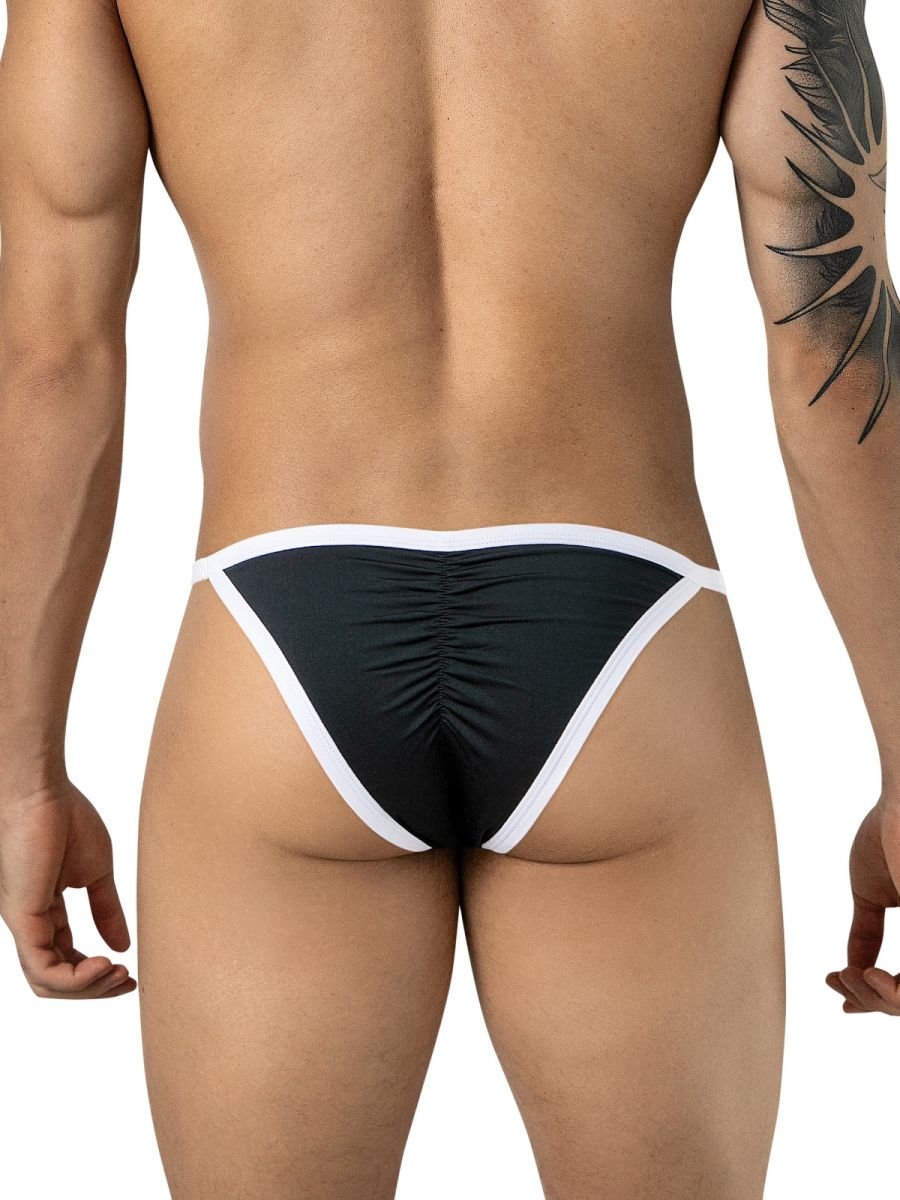 Rear view of black briefs with white trim and center ruching on a person.