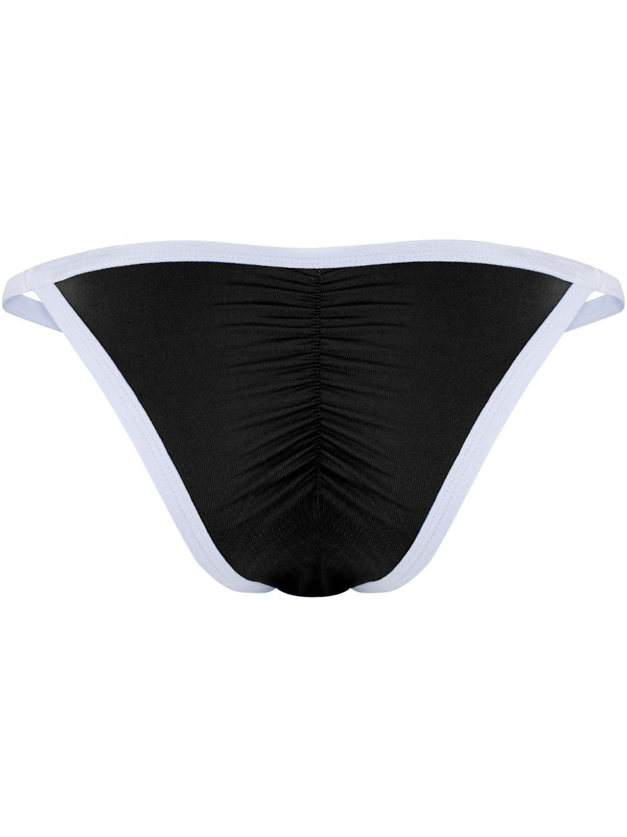 Rear view of black briefs with white trim and a center-back ruching seam.