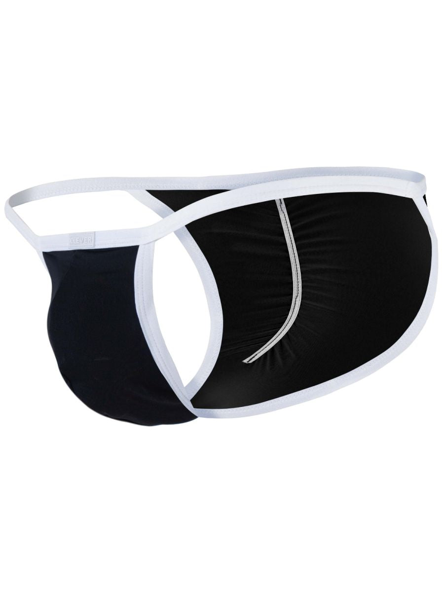 Black minimalist briefs with white trim and a thin side strap shown from a three-quarter angle.