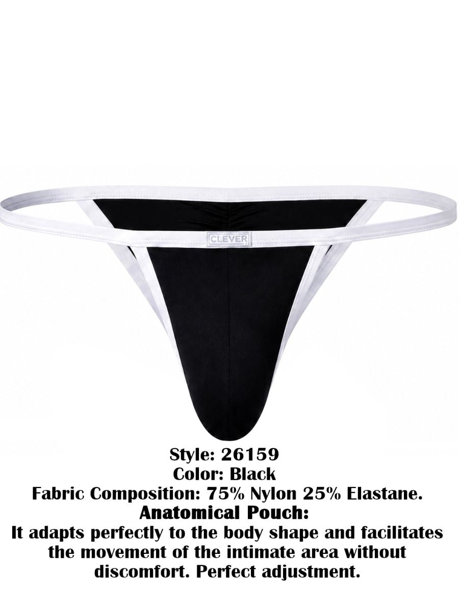 Black thong underwear with white trim and a branded waistband tag.