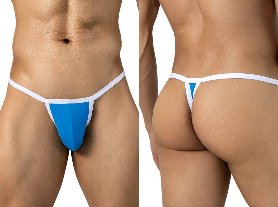 Front and back views of a person wearing turquoise and white minimalist thong underwear.